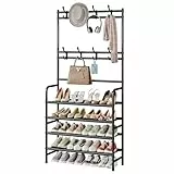 Dazioter Garderobenständer Freistehendes Schuhregal mit Ablagefläche mit 8 Haken für Eingang Schlafzimmer und Garderobe 4 Etagen Schwarz