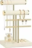 Josmimic Schmuck Organizer mit 3 Ebenen - Beige Schmuckständer Armbänder, Abnehmbarer T-Steg Schmuck Ständer, Samt-Armbandhalter, Schmuckhalter für Armband, Halskette, Uhren, Ringe