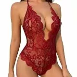 Sexy Damen Spitze Body Babydoll Teddy Mesh Transparent Blumenmuster Tief V-Ausschnitt Verstellbare Träger Offener Rücken Komfortabel Erotische Reizwäsche Nachtwäsche (Weinrot, S)
