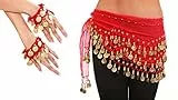 MyBeautyworld24 Belly Dance Bauchtanz Kostüm in rot Hüfttuch inkl. ein paar Handketten Münzgürtel Fasching Karneval