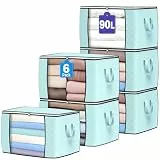 Budding Joy 6 Stück 90L Aufbewahrungstasche, Aufbewahrungsbox mit Deckel Große, Kleider Aufbewahrung Umzugskartons, Faltbare Unterbett Kleiderschrank für Kleidung Bettdecken und Bettwäsche, Blau