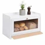 Relaxdays Brotkasten, Bambus, Schneidebrett, Ablage, Luftlöcher, Sichtfenster, HxBxT: 26 x 40 x 25 cm, Brotbox, weiß