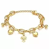 JewelryWe Schmuck Damen Armband Edelstahl doppelt Kette Charmsarmband Armkette mit Kreuz Herz Anhänger Gold