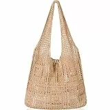 WantGor Häkeltaschen, Strand Mesh Tragetasche Damen Umhängetasche Einkaufstasche Lässige Reisetaschen Tasche faltbar Hobo Taschen (Hellbraun)