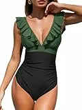 CUPSHE Damen Badeanzug Rüschen V Ausschnitt Monokinis Bauchweg Einteilige Bademode Swimsuit Waldgrün/Schwarz L