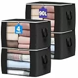 Budding Joy 4 Stück 90L Aufbewahrungstasche, Aufbewahrungsbox mit Deckel Große, Kleider Aufbewahrung Umzugskartons, Faltbare Unterbett Kleiderschrank für Kleidung Bettdecken und Bettwäsche, Schwarz