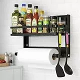 Zenquira Gewürzregal Wand Ohne Bohren, Küchenregal Hängend mit Küchenrollenhalter und 4 Haken, Spice Rack für Küchen Organizer, Schwarz, 30×29.5×21CM