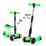 Yoleo 3-in-1 Kinderscooter Kinder Roller mit Abnehmbarem Sitz, PU Räder, Höheverstellbare Lenker für Kleinkinder Jungen Mädchen ab 2 Jahre (Grün)