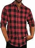 APOONABA Flanellhemd für Herren, langärmlig, kariert, Hemden, Flanell, Shirts, Knopf, Baumwollhemd, Herren, lässig, Normale Passform, S-2XL, 1 x Rot, XL