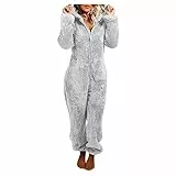 EMATOP Warmer Fleece Overall Damen Kuschelig Jumpsuit Plüsch Schlafanzug Elegant Einteiler Onesie Langarm Einfarbig Pyjama Flauschig Lang Schlafoverall mit Kapuze & Reißverschluss Hausanzug