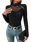 GORGLITTER Damen Bodysuit Elegant Bodies Stehkragen Öse Stickerei Bodys Langarm Body mit Spitzeneinsatz Schwarz S