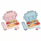 Bugucat Brotdose Kinder mit Fächern 1300ML 2 Set,Lunchbox Kinder Auslaufsicher mit 4 Fächern,Lunch Box Bento Box mit Fächern für Erwachsene,Frühstücksbox für Jungen&Mädchen Blau Rosa