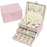 Granbest 3 Schichten Schmuckkästchen mit 2 Schubladen, Elegante Schmuckkasten, Leder Schmuckbox Ideal für Halsketten, Armbänder, Ringe und Ohrringe (Rosa)