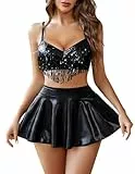 Avidlove Damen Dessous Set Latex Sexy Sommer Mini Röcke Kurz Leder Reizwäsche Babydolls 3-Teiliges Set Mit Fransen BH und Slip Rave Outfit Party Clubwear Schwarz M