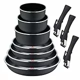 Click&Cook Set mit 4 Pfannen Ø 22 Ø 24 Ø 26 Ø 28 cm + 3 Stieltöpfe Ø 16 Ø 18 Ø 20 cm + 3 abnehmbare Griffe - Heat Dot aus gepresstem Aluminium, Schwarz Bergner