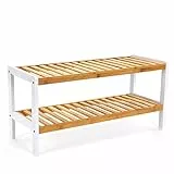 SONGMICS Schuhregal aus Bambus, Schuhablage mit 2 Ebenen, Schuh-Organizer, Regal für Schuhe, Pflanzen, Bücher, Wohnzimmer, Flur, Schlafzimmer, Badezimmer, 26 x 70 x 33 cm, weiß-naturfarben LBS02H
