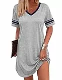 Bresdk Schlafshirt Damen Kurzarm Nachthemd Baumwolle Sommer Sexy Schlafkleid Kurz Bigshirts Zum Schlafen Loungewear Streifen Oversize Grau XXL