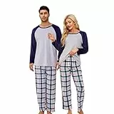 U2SKIIN Schlafanzug Damen lang Fleece Pyjama Set Karierte Pyjamas Nachtwäsche kuschelig warme Loungwear (Marineblau/Marineblau-Weiß kariert, M)