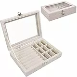Schmuckkästen mit Glasdeckel, 9 Gitter Schmuckaufbewahrung Schmuckkoffer Damen Schmuckbox Reise, Beflockung Halskette Ohrringe Ring Schmuckschatulle, Transparente Aufbewahrungsbox für Schmuck, Beige