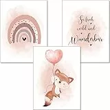 artpin® Poster Kinderzimmer, 3er Set Bilder Babyzimmer Mädchen, Altrosa Luftballon Regenbogen Fuchs K3