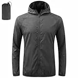 BSBUY Regenjacke Faltbar Wasserdichte, Sonnenschutzmantel Sportjacke mit Reißverschluss und Tasche, Leichte Kleidung mit Kapuze für alle Jahreszeiten Wandern Laufen Outdoor Angeln Camping, Grau,L