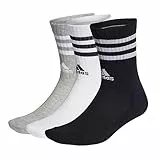 adidas Unisex 3-Stripes Cushioned Crew Socks 3 Pairs, Medium Grey Heather/White/Black/White, 4.5-6