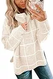 ASOMI Strickpullover Damen Gestreift Kariert: Elegant Rollkragen Pullover Winterpullover Warm Herbst Strickpulli Lässig Rundhals Farbblock Pulli Langarm Mode Übergangspullover 14Beige M