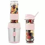 H.Koenig Mini Smoothie Maker Standmixer, Blender elektrisch, Transportabel Kompakt 570mL SMOO12 BPA-frei Leistungsstarke 300W, Smoothie Mixer 2 tragbare Flaschen, Edelstahlklingen, Pastellrosa