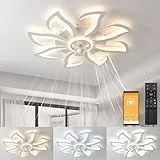 Dimmbar Deckenleuchte mit Ventilator Groß 80cm, Deckenventilator mit Beleuchtung und Fernbedienung Leise, LED Deckenlampe für Wohnzimmer Schlafzimmer Ventilator mit Licht, Blütenblatt-Design 9-Köpfe
