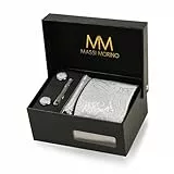 Massi Morino Krawatte Paisley Grau mit Einstecktuch Set Herren inkl. Manschettenknöpfe, Krawattennadel und Geschenkbox | Männer Krawattenset zur Hochzeit