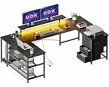 ODK Eckschreibtisch mit 4 Schubladen&Stauraum, 167×102cm Reversible Eckschreibtisch mit 2 Steckdosen und 2 USB Ladeanschluss, Gaming Schreibtisch mit LED&Monitorständer für Home Office, Schwarz