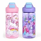 decalsweet 2 Stück Trinkflasche Auslaufsicher, 480ml Trinkflasche geeignet für Kinder ab 4 Jahren, BPA-frei Tritan Flasche zum Schule & Sport, Wasserflasche, Einhorn & Meerjungfrau