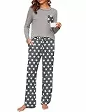 Namatime Pyjama Damen Lang Schlafanzug Baumwolle Herbst Winter Pyjama Set Langarm Hausanzug Rundausschnitt Loungewear Grau Stern XL