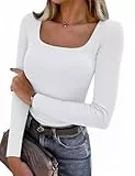 Aottori Damen Langarmshirt Stretch Pullover mit Eckigem Ausschnitt Gerippt T-Shirt Slim Fit Sexy Oberteile Langarm Tops Weiß M