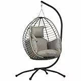 Outsunny Hängesessel mit Gestell, Faltbar Eiförmiger Hängeschaukel mit waschbarem Sitz, Becherhalter Sicherheitsseil, Hängematte Schaukelsessel Indoor Outdoor, Terrasse, Garten, Grau