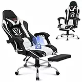 COLAMY Gaming Stuhl, Computer Stuhl mit Fußstütze und Lendenwirbelstütze, höhenverstellbarer Gaming Chair mit 360°-Drehsitz und Kopfstütze, Video Gamer PC Stuhl, Ergonomische hohe Rückenlehne, Weiß
