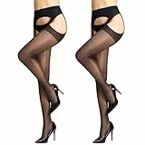 Yilanmy Strapsstrumpfhose für Damen 20 Den Glänzende Strumpfhose Schwarz Offener Schritt Strumpfhosen 2 Paar（S-M