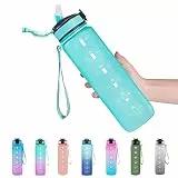 EYQ Wasserflasche mit Zeitmarkierung, Tragegurt, auslaufsicheres Tritan, BPA-frei, stellen Sie sicher, dass Sie genug Wasser für Fitness, Fitnessstudio, Camping, Outdoor-Sportarten trinken, Minzgrün