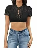 Zeagoo Dirndlbluse Damen Schwarz 34 Spitze Stehkragen Kurzarm Dirndl Bluse Transparent zum Knöpfen Trachtenbluse Elegant Stretch für Oktoberfest Bierfest