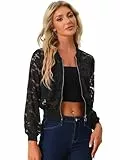 Allegra K Damen Spitzen Jacken Durchsichtige Mesh Netzstoff Reißverschluss Blumenmuster Bomberjacke Schwarz M
