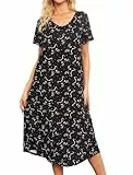 ENJOYNIGHT Nachthemd Damen Kurzarm Schlafshirt Lang Nachtkleid V-Ausschnitt Sleepshirt Weiche Nachtwäsche Hauskleid mit Taschen (4X-Large,Schwarze Katze)