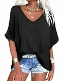 GeGekoko Damen T-Shirt Sommer Kurzarm V-Ausschnitt Oversized Oberteil Locker Frauen Casual Lose Tops Elegant Bluse,Schwarz(033),L