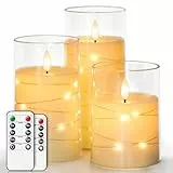 salipt LED Kerzen im Glas, Flammenlose Kerzen mit Beweglicher Flamme, Elektrische Kerzen mit Fernbedienung, 3er-Set Kerze mit Timer, Durchmesser 7.6 cm, Höhe 10.2 12.7 15.3 cm - Lichterkette Weiß