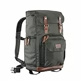 Mantona Luis Retro Fotorucksack grün mit Leder, Kamerarucksack inkl. Regenschutzhülle, Fototasche mit Laptopfach, Backpack geeignet für 1 x DSLR-Kamera, 3 x Objektive und diverses Fotozubehör