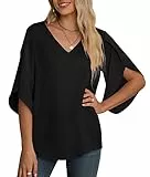 Yommay Damen Bluse Elegant V Ausschnitt Sommer T-Shirts Casual Leicht Chiffon Tunika Kurzarm Tops,Schwarz,XL