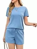 Totatuit Damen 2 Teiler Set Sommer Kurzarm Shirt und Hose Freizeitoutfit Jogginganzug Hausanzug Trainingsanzug Sportanzug für Alltag Urlaub Lounge oder Fitness