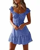 Imily Bela Damen Sommerkleid Rüschen Swing Strandkleid Elegant A-Linie Minikleid High Waist Kleid mit Kordelzug(Blau, S)