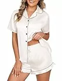Niwicee Satin Schlafanzug Damen mit Knopfleiste Kurz Nachtwäsche Pyjamas Set Zweiteiliger Nachtwäsche Hausanzug PJs V-Ausschnitt Loungewear (Weiß, M)