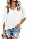 Cicy Bell Oversize Tshirt Damen V-Ausschnitt Oberteile Kurzarm Loose Fit Tops Bluse Basic Tee Shirts.Weiß M