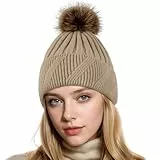 NEOLA Wintermützen für Damen – Fleecegefütterte Beanie-Mütze für Damen, weich und warm, mit Bommel aus Strick und dickem Kunstfell-Bommel für Outdoor-Sportarten und Skifahren